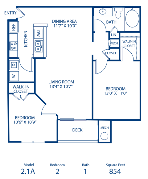 Floor plan for 2 beds, 1 bath, 882 sqft